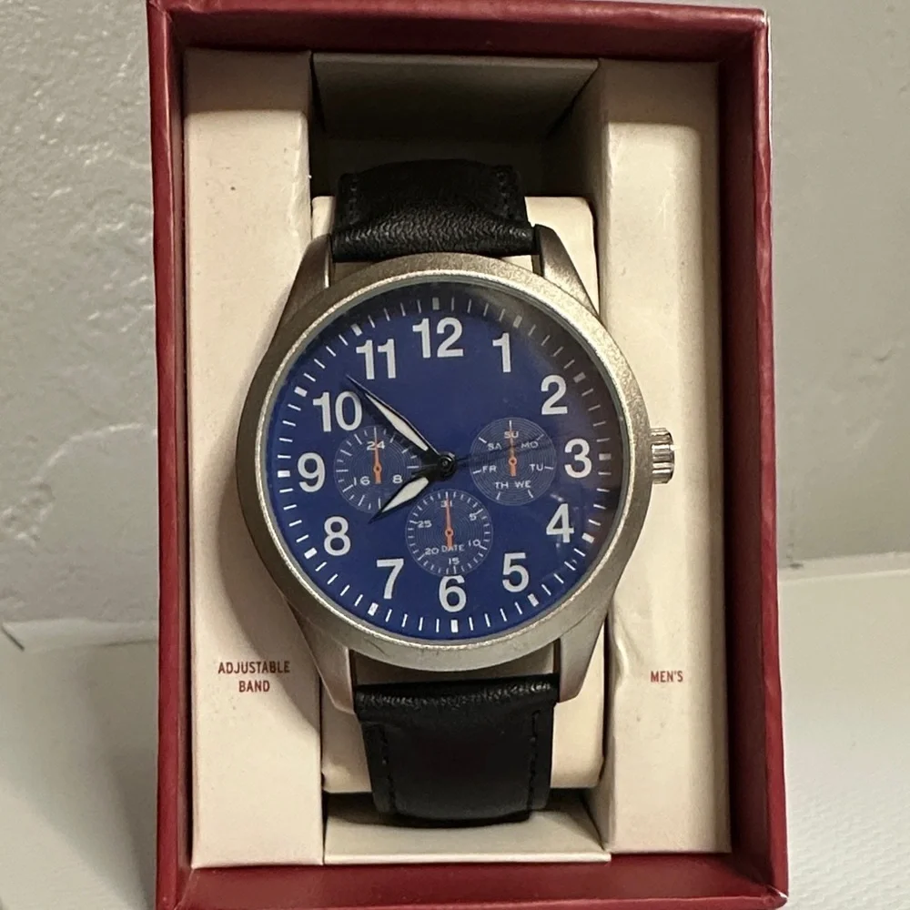 Men's Silver and Blue Watch with Black faux Leather Band